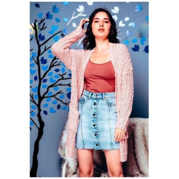 Long open ribbed cardigan in blush - Picture 4 of 7